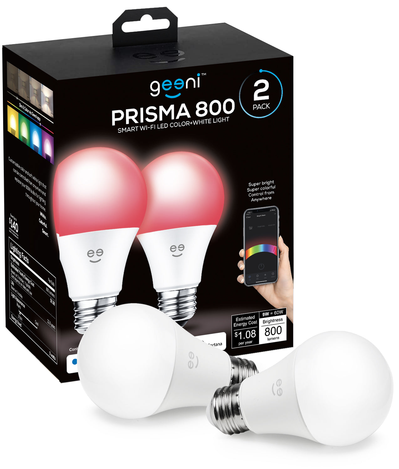 Geeni Prisma 800 A21 Smart Bulb - Multicolor and Warm White (2-Pack)