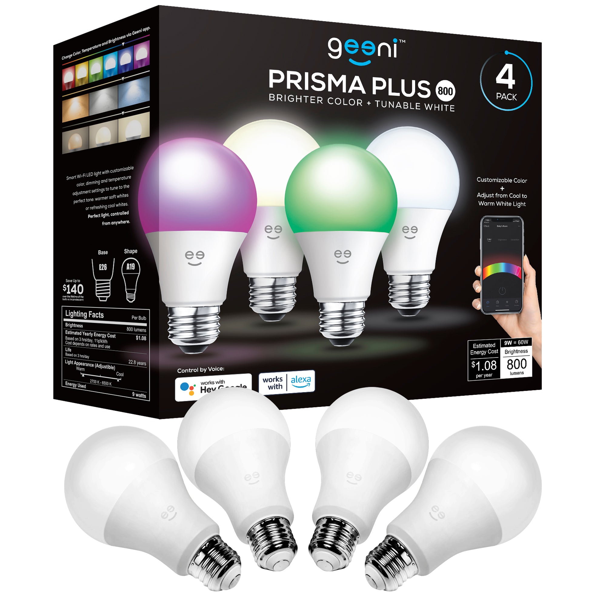 Geeni Prisma Plus 800 A19 Smart Bulb - Multicolor and Tunable (4-Pack)