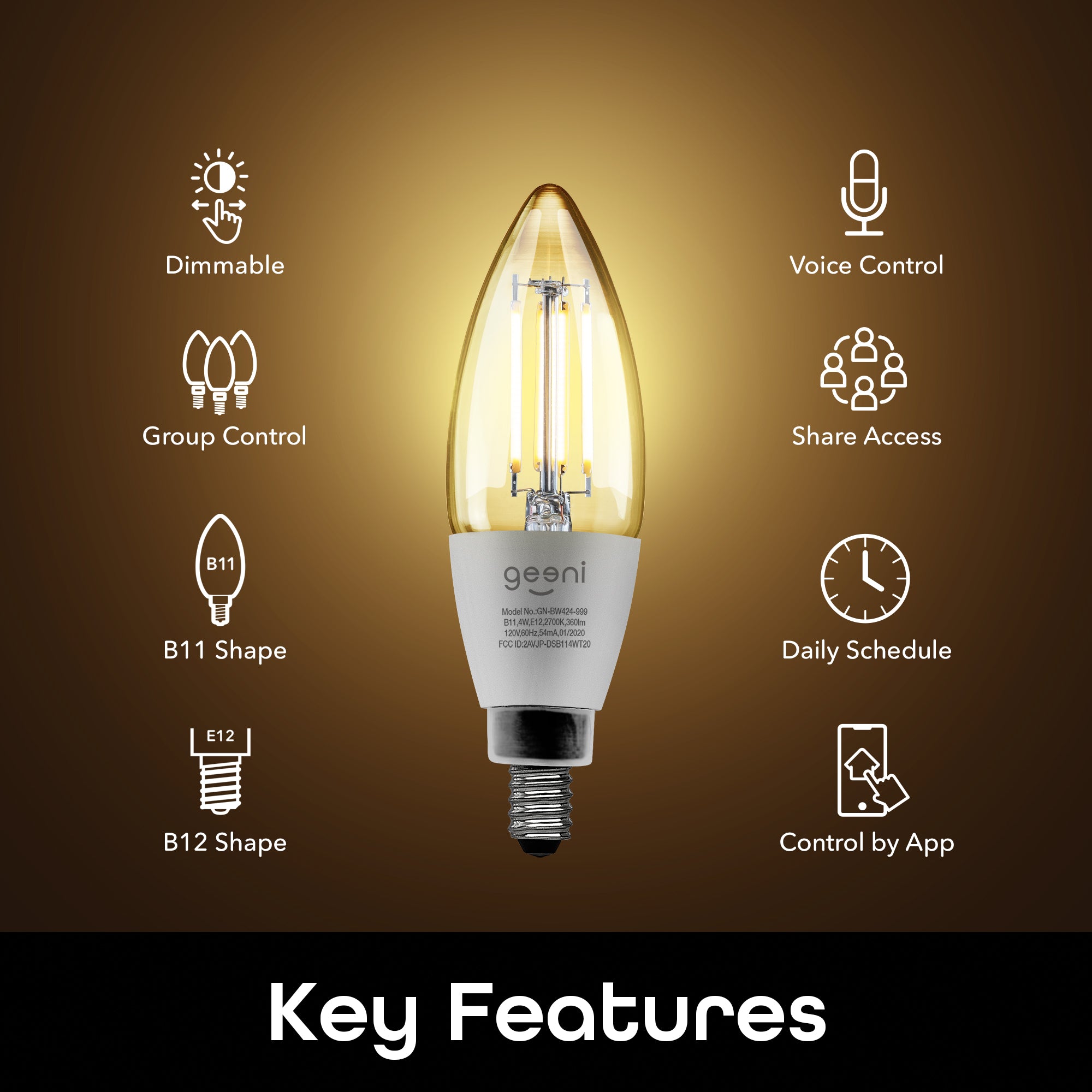 Geeni Lux E12/B11 Filament Smart Bulb - Warm White (4-Pack)