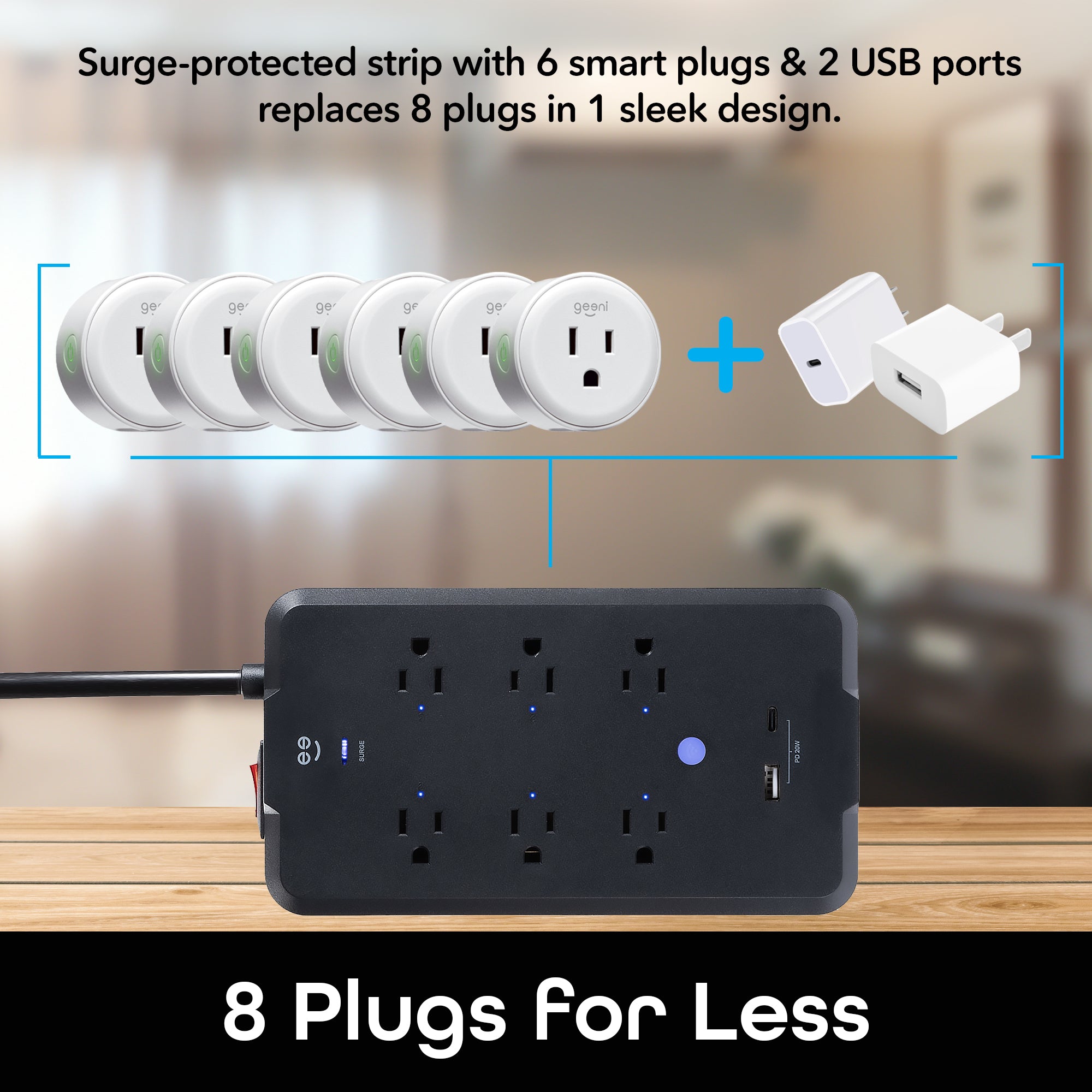 Geeni Smart Plug Power Strip, 6 Outlets and 2 USB Ports, 6 ft. Cord