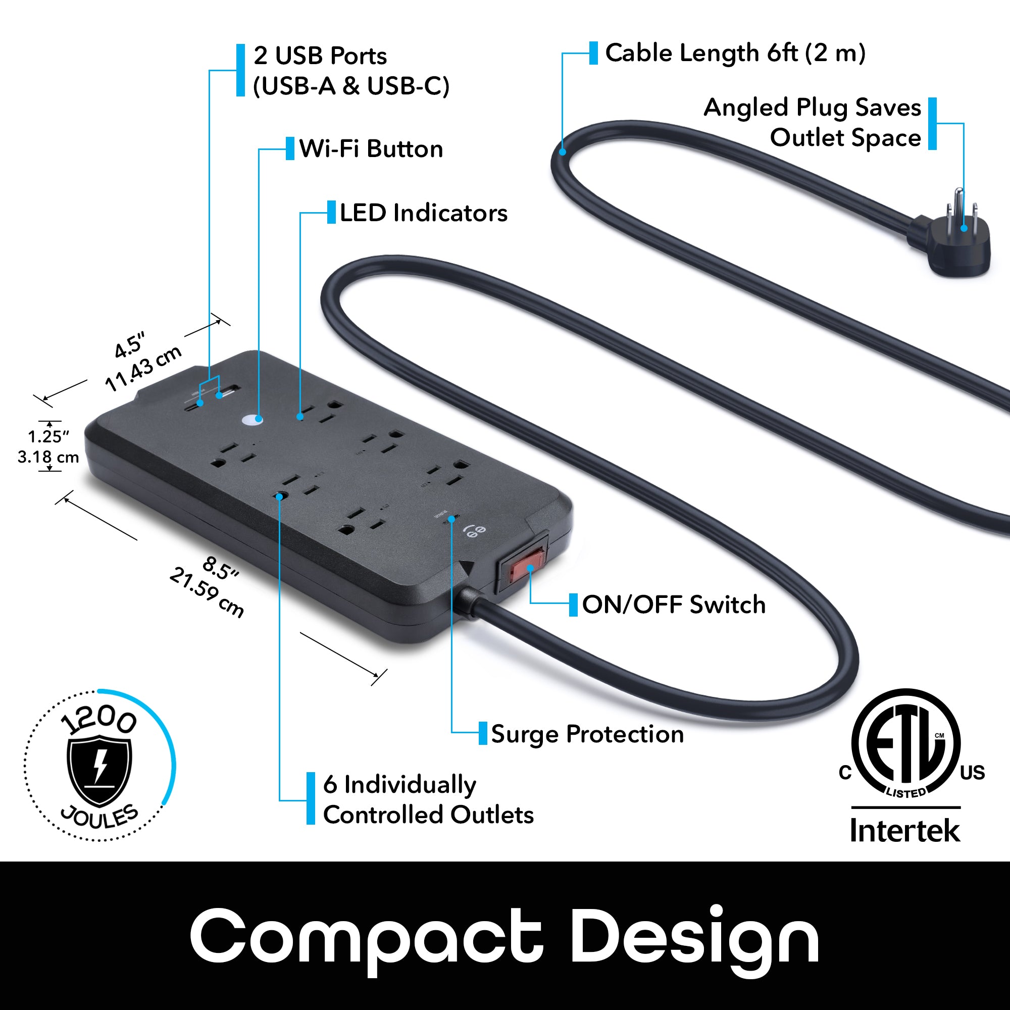 Geeni Smart Plug Power Strip, 6 Outlets and 2 USB Ports, 6 ft. Cord