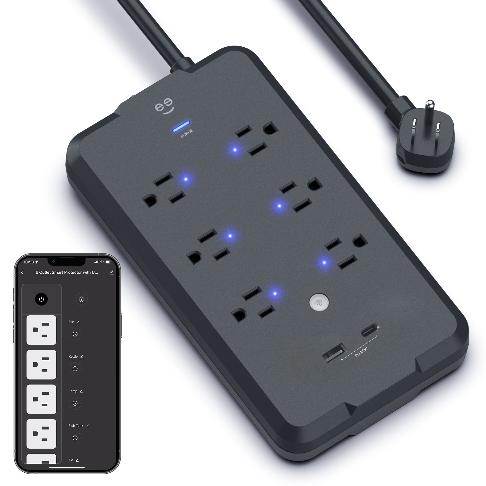 Geeni Smart Plug Power Strip, 6 Outlets and 2 USB Ports, 6 ft. Cord