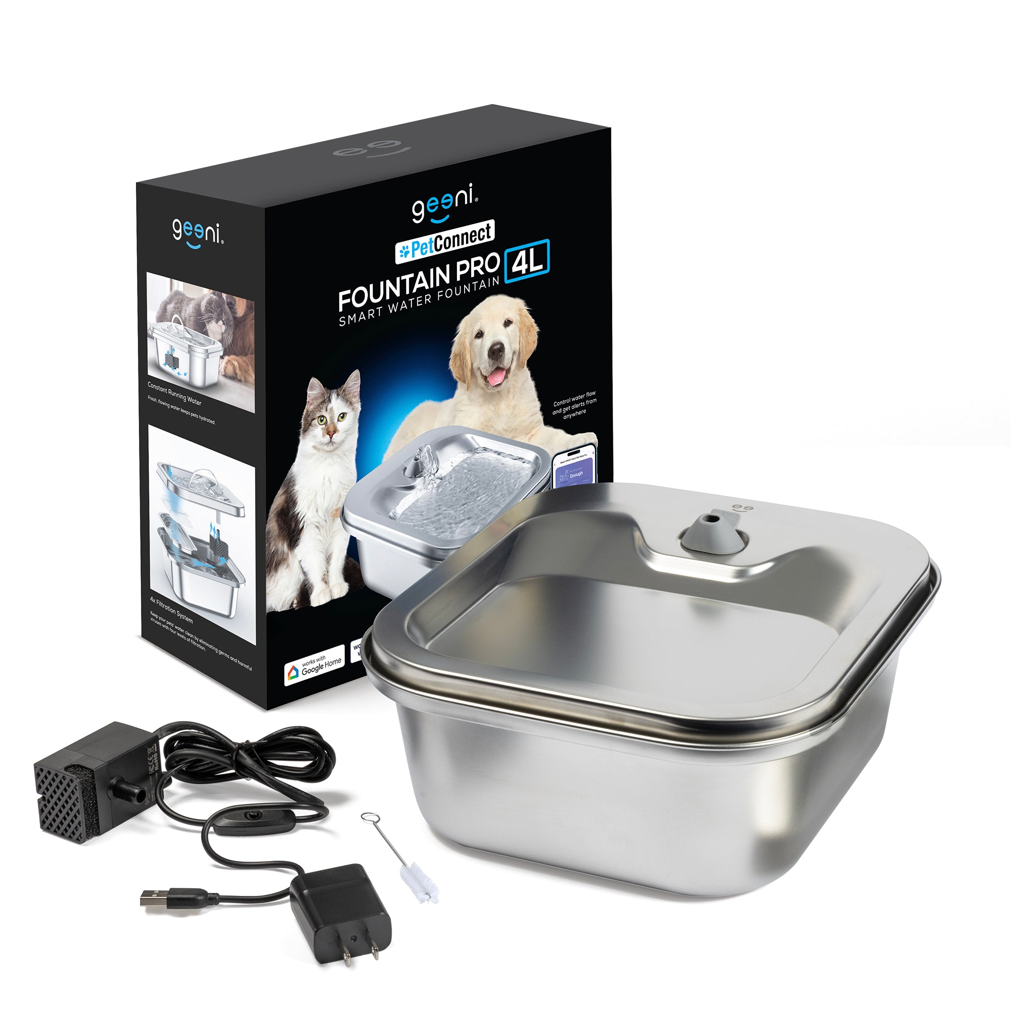 Geeni PetConnect Smart Pet Water Fountain Stainless Steel - 4L Automatic Filtered Water Bowl for Cats and Dogs