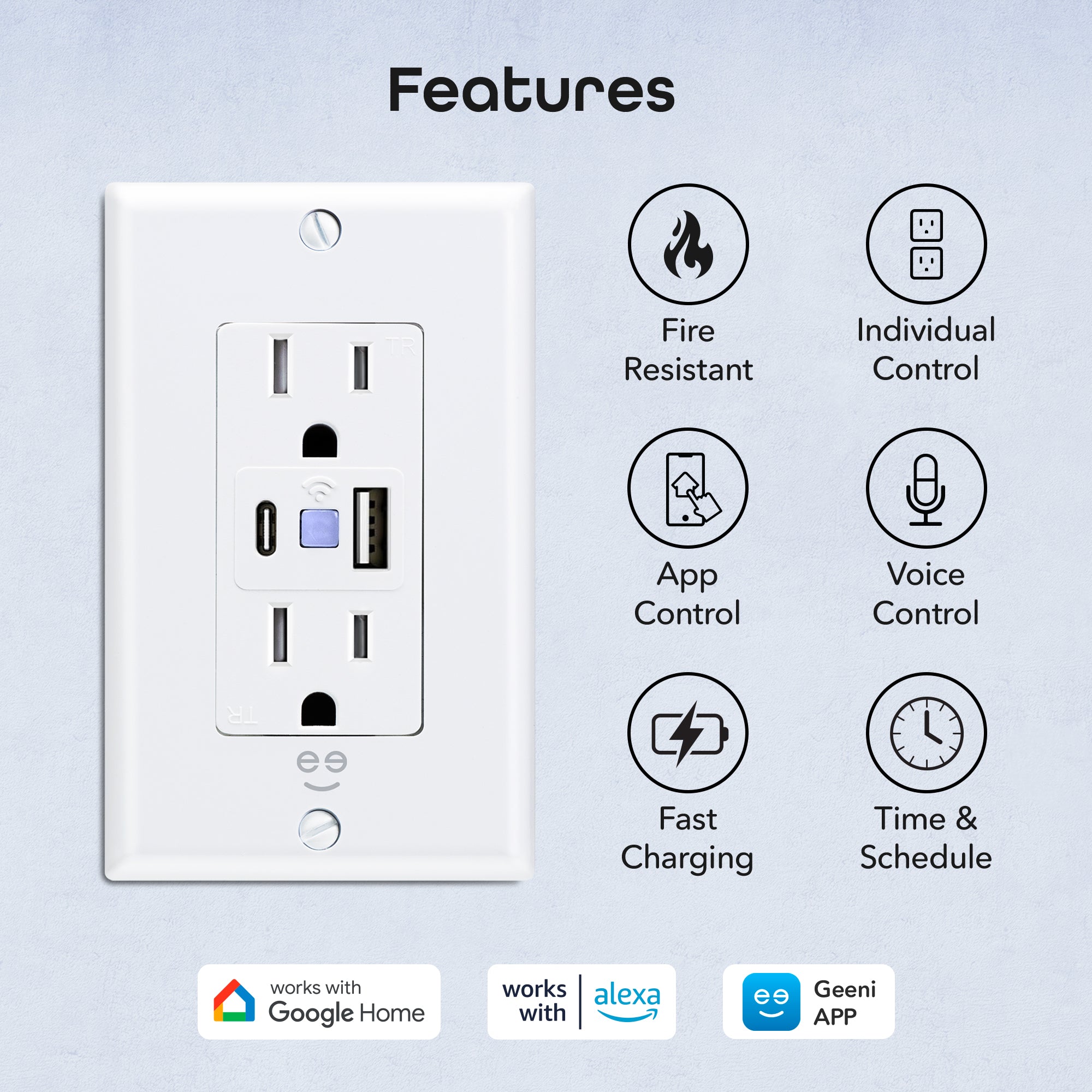 Geeni Current Smart Wi-Fi Outlet with 2 Fast Charge USB Ports (20W USB-C PD & Quick Charge USB-A)