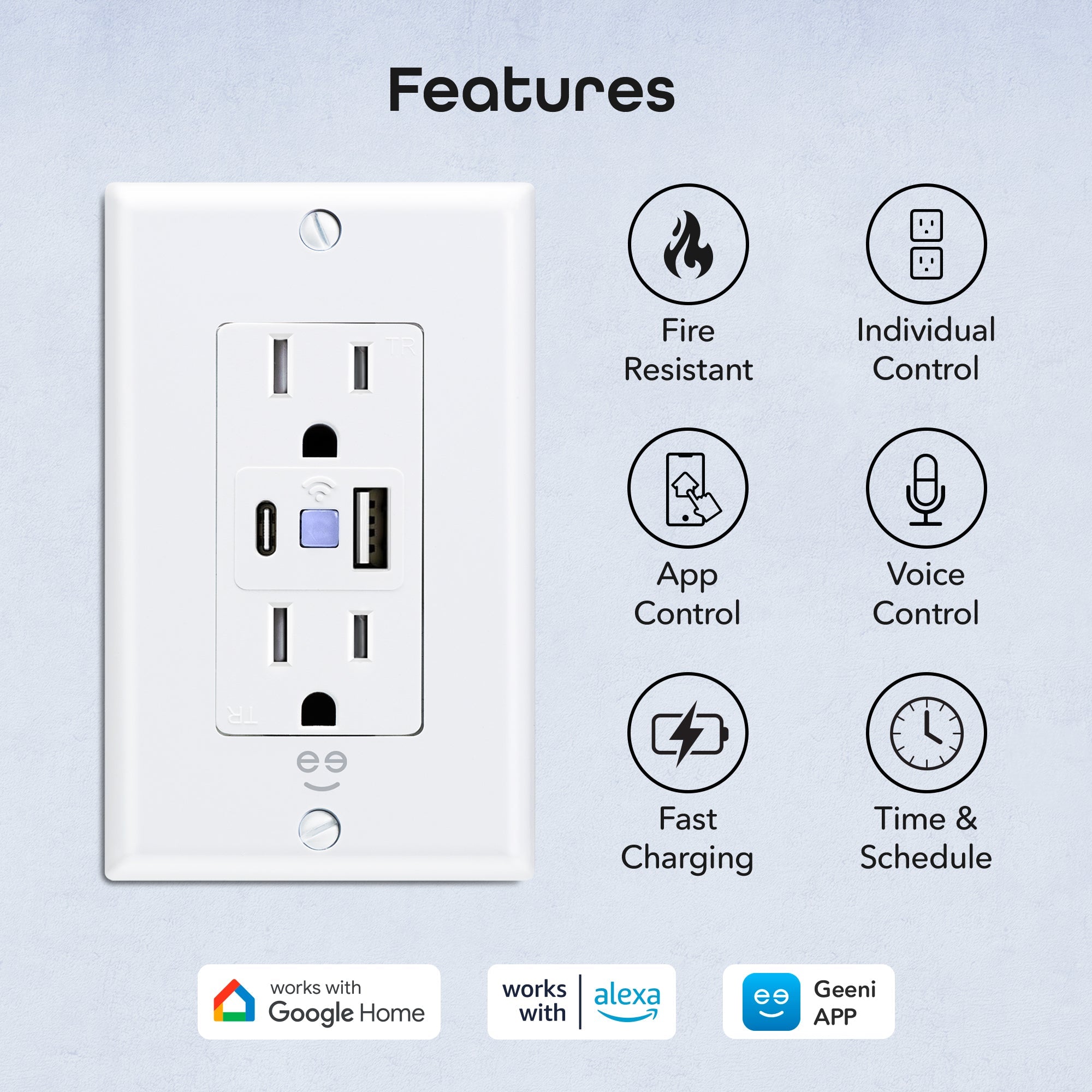 Geeni Current Smart Wi-Fi Outlet with 2 Fast Charge USB Ports (20W USB-C PD & Quick Charge USB-A)
