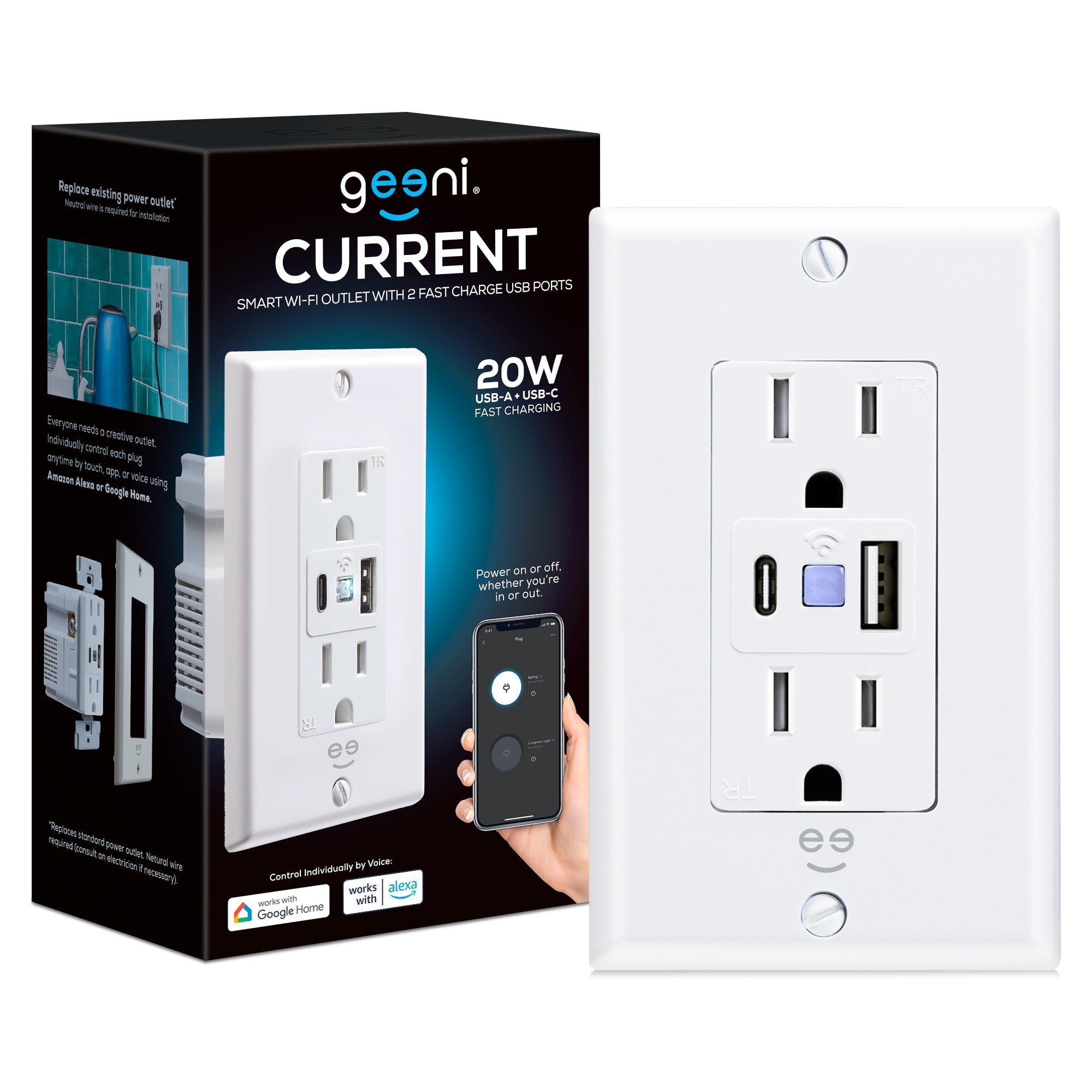 Geeni Current Smart Wi-Fi Outlet with 2 Fast Charge USB Ports (20W USB-C PD & Quick Charge USB-A)