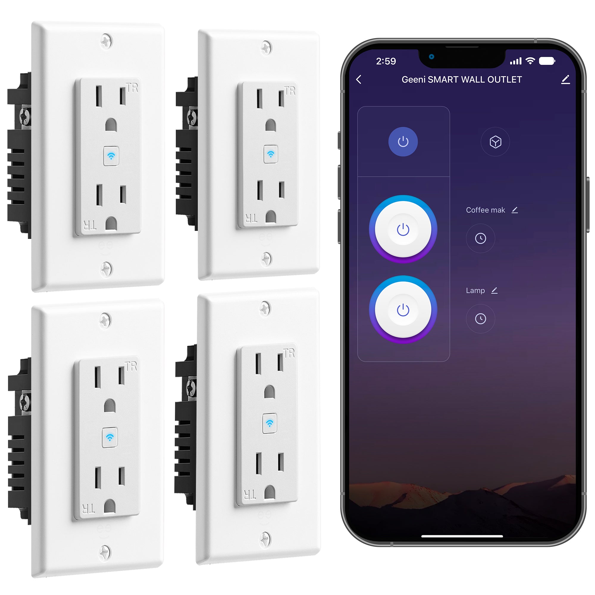 Geeni Smart WiFi in-Wall Outlet, White (4 Pack)