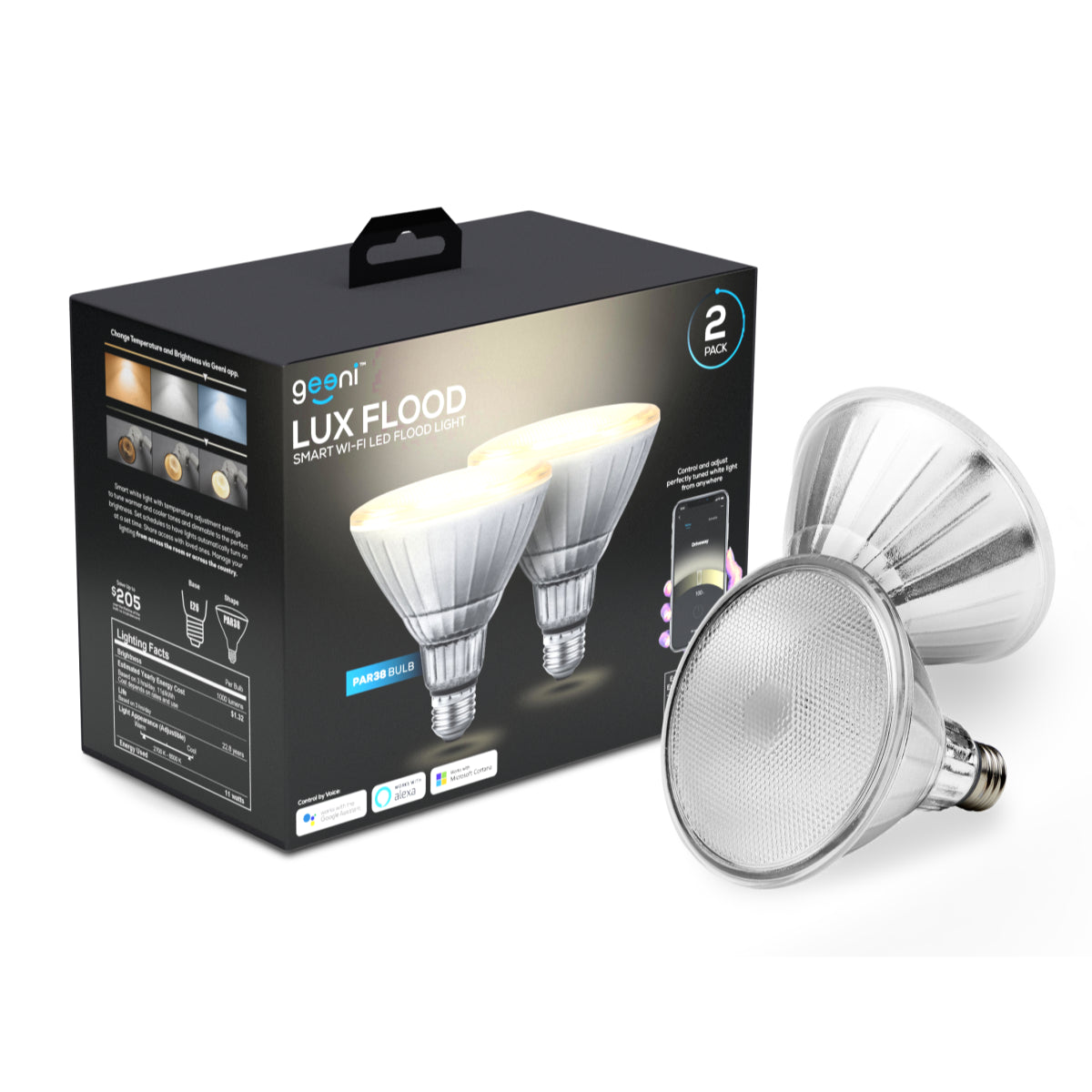 Geeni LUX Flood 75W Equivalent White Tunable Dimmable PAR38 E26 Smart LED Bulb (2-Pack)