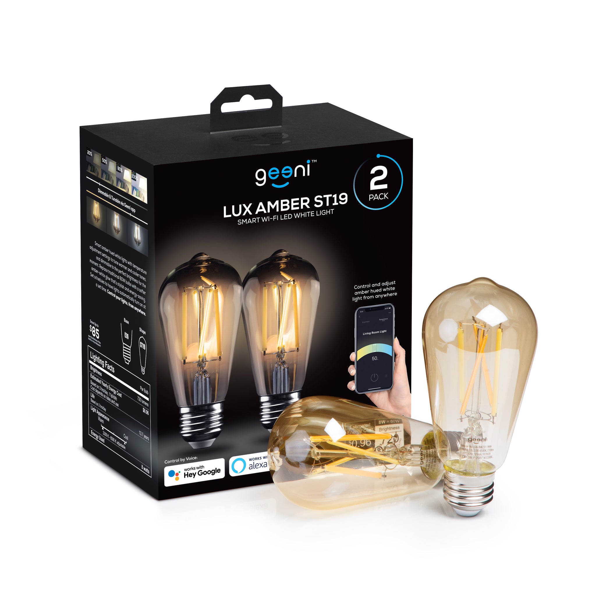 Geeni Lux ST19 Amber Smart Bulb - Tunable White 60W Equivalent (2-Pack)