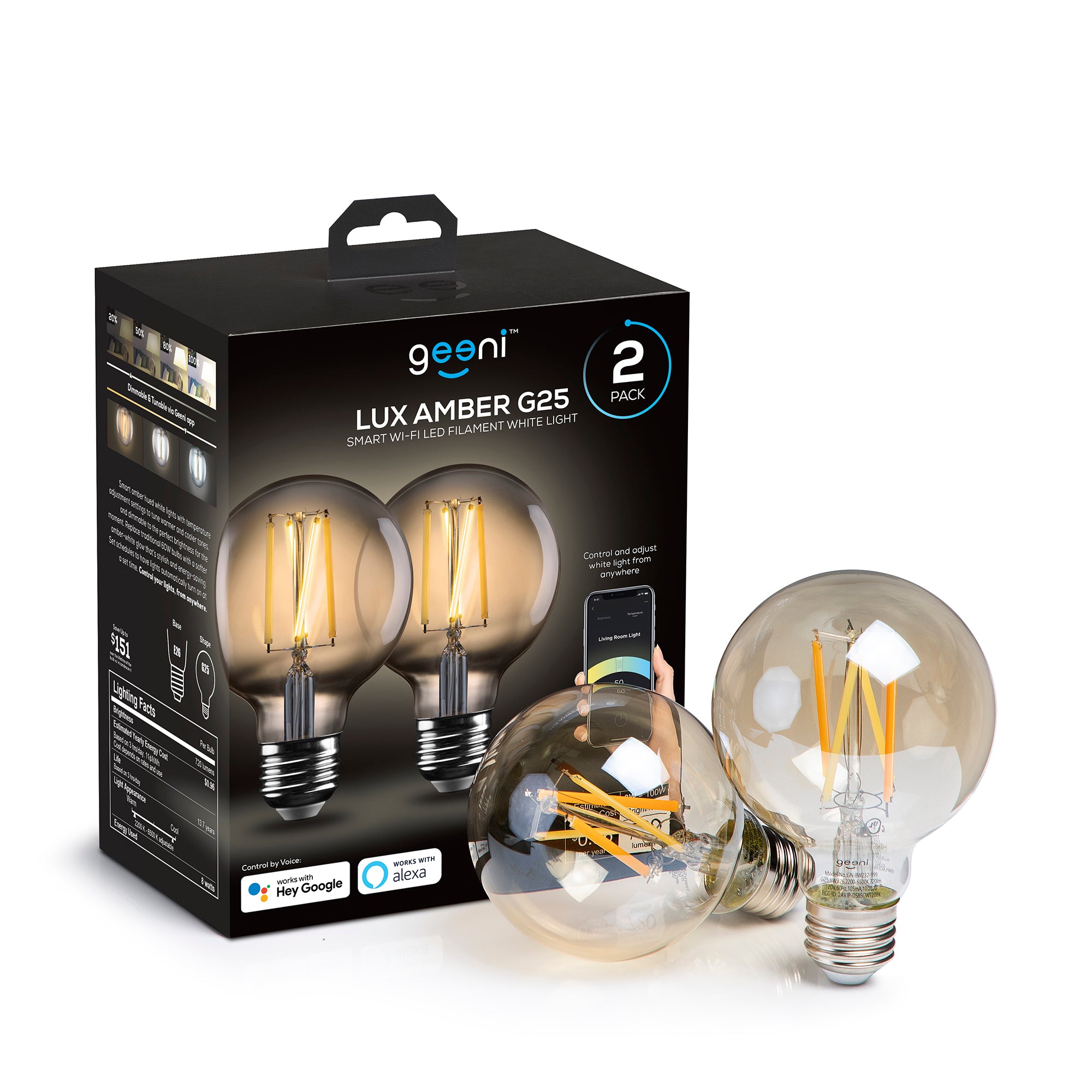 Geeni Lux G25 Smart Bulb - Tunable White 100W Equivalent (2-Pack)