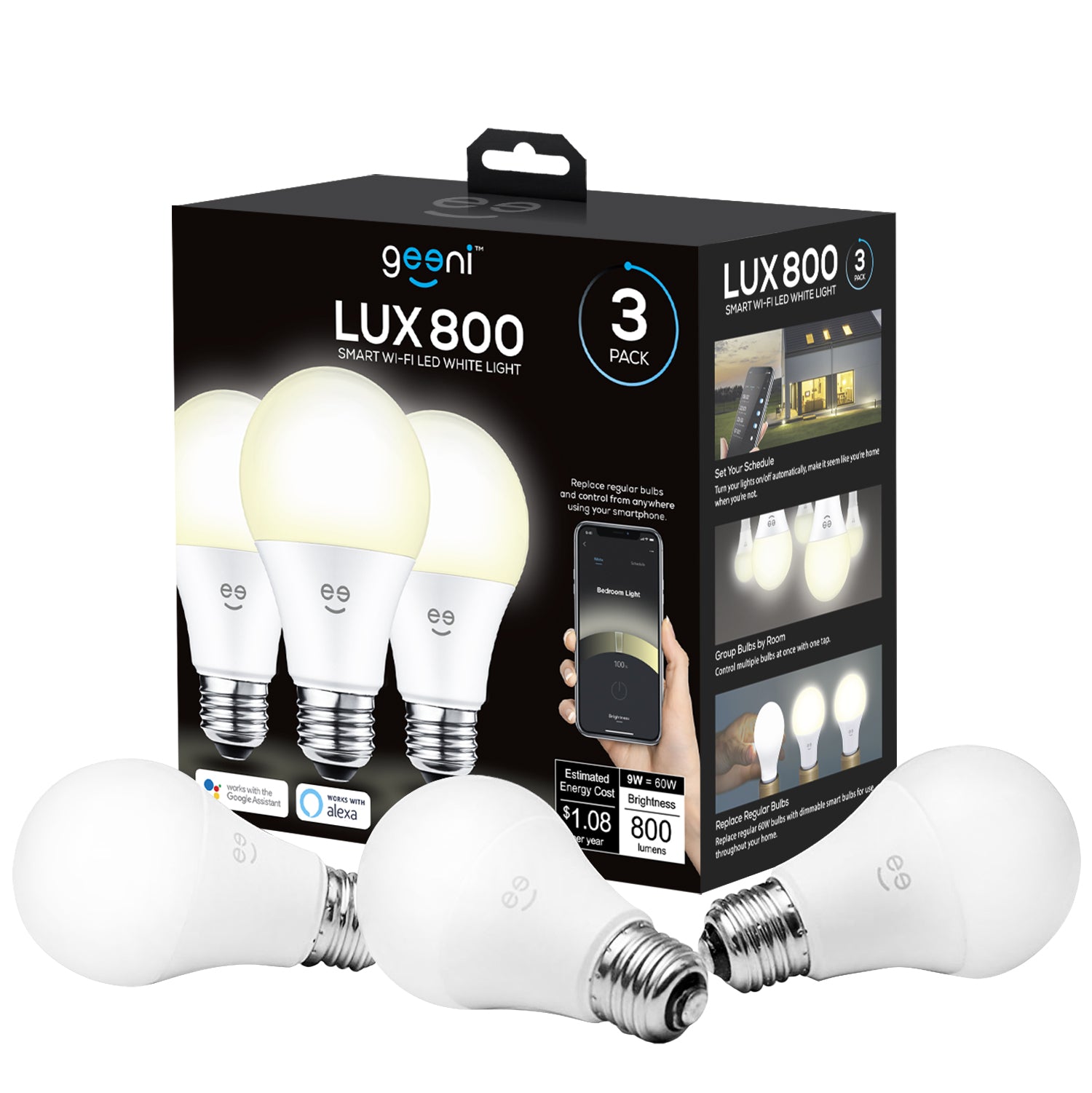 Geeni LUX 800 Warm White A19 E26 Smart LED Bulb (3-Pack)