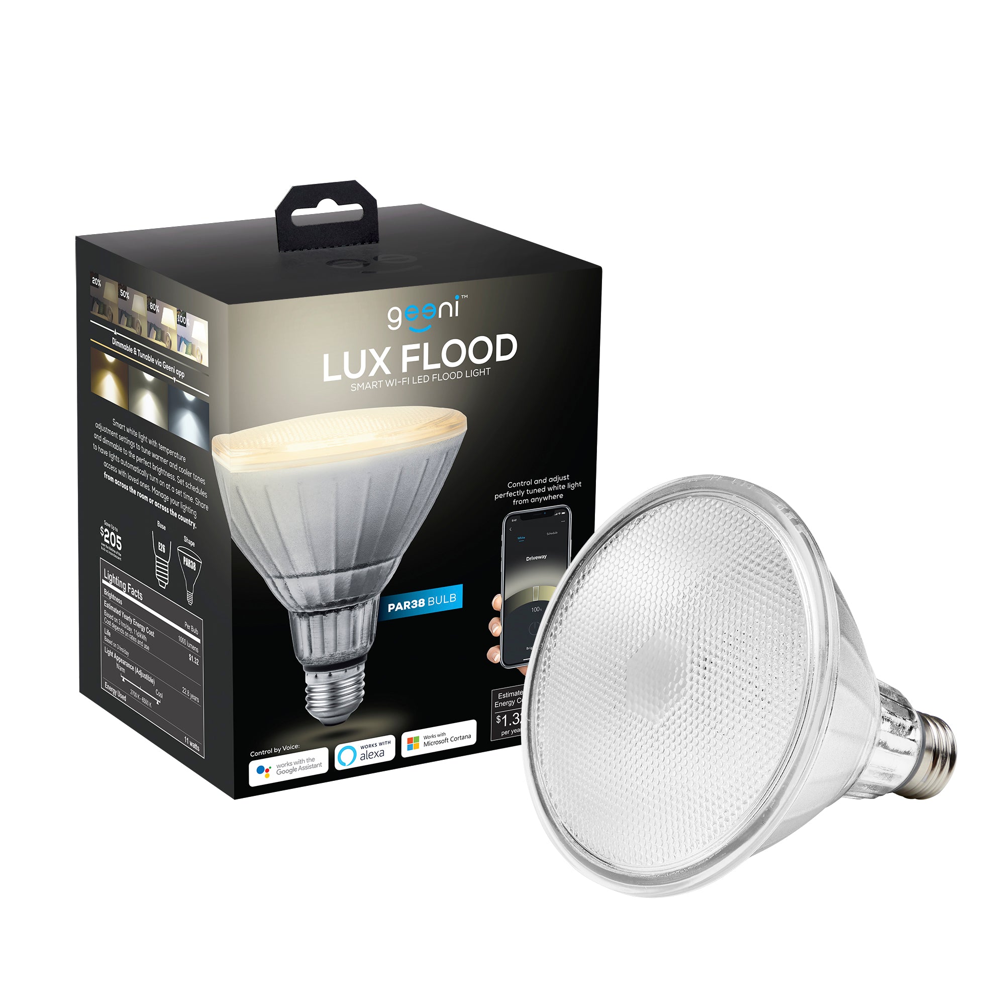 Geeni LUX Flood 75W Equivalent White Tunable Dimmable PAR38 E26 Smart LED Bulb