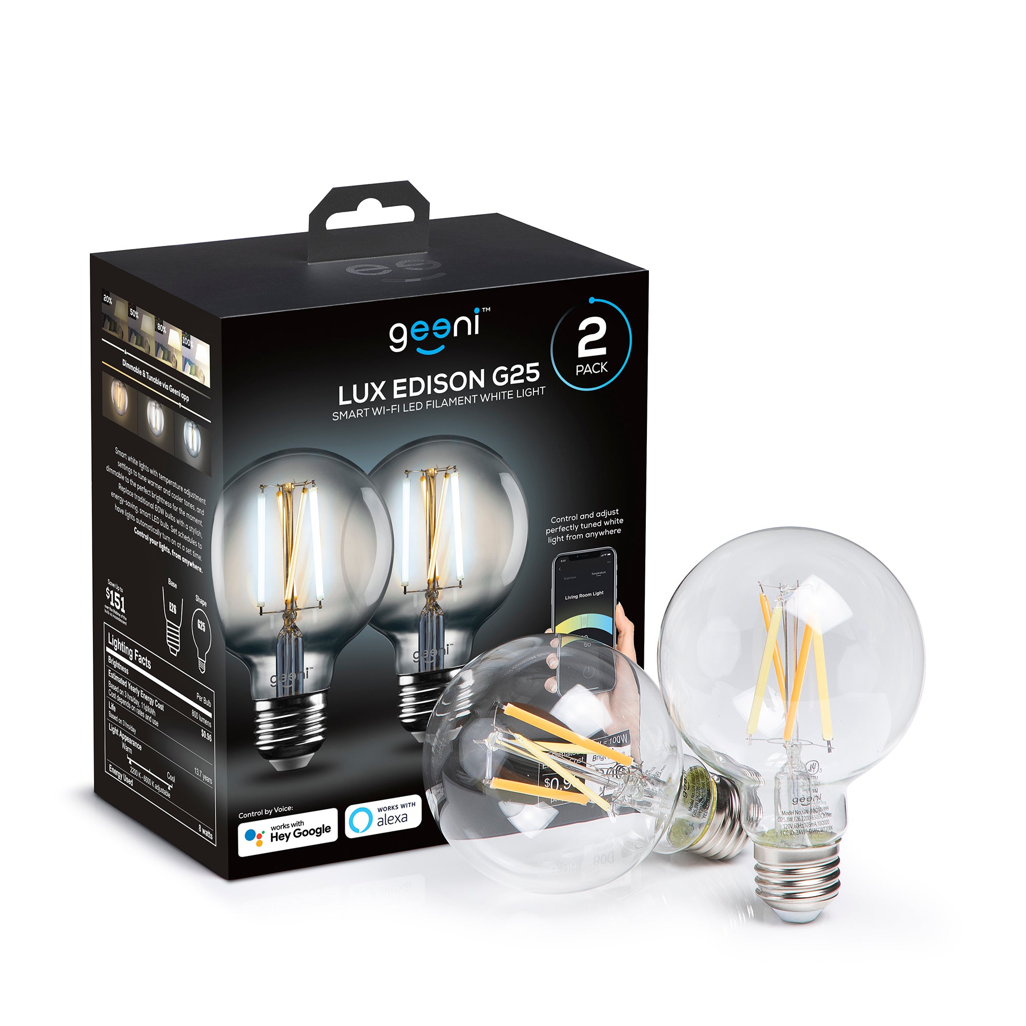 Geeni LUX Edison G25 E26 Smart LED Light Bulb - 100W Equivalent, White, Dimmable, Tunable (2-Pack)