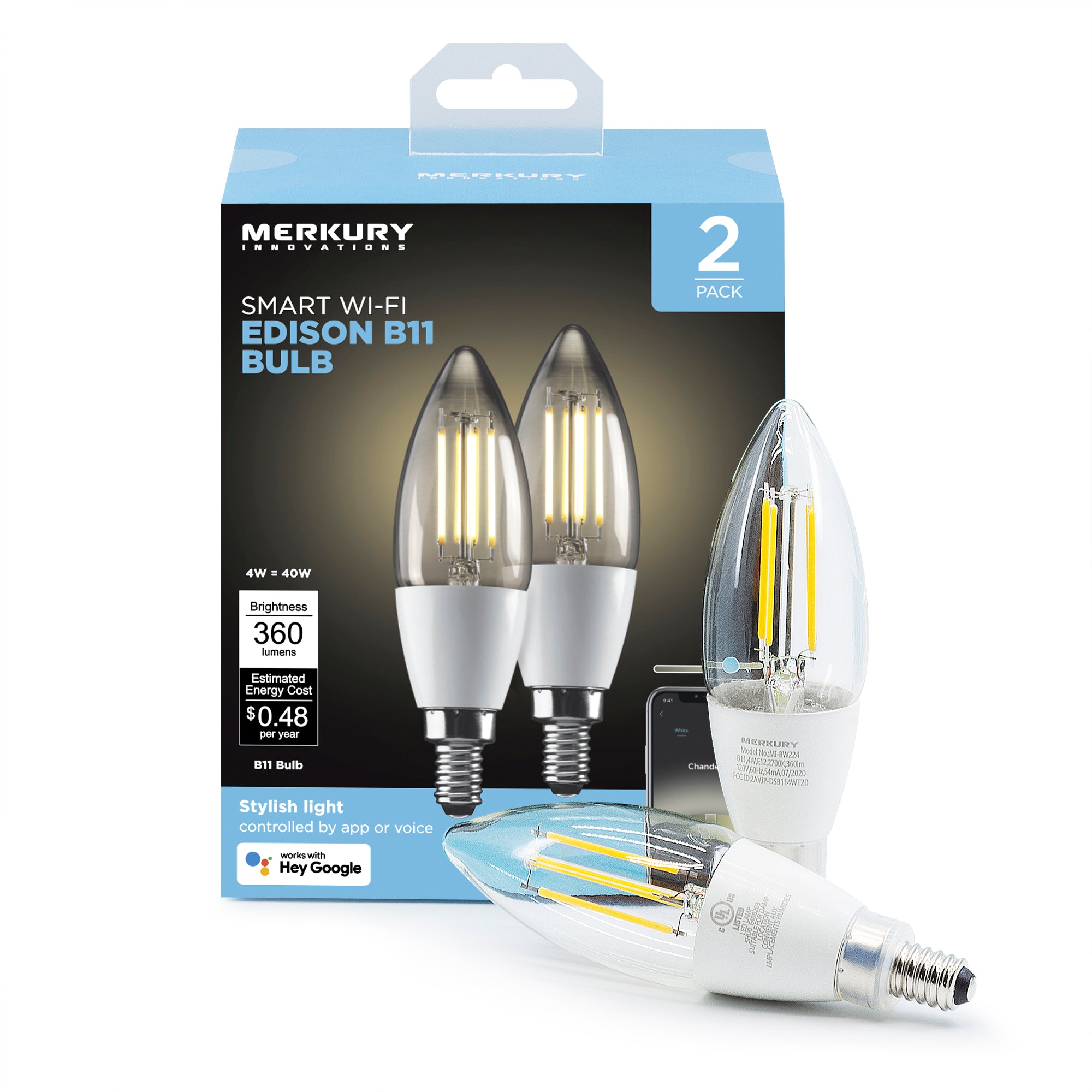 Merkury Innovations B11 Smart Edison LED Candelabra Bulb (2-Pack)