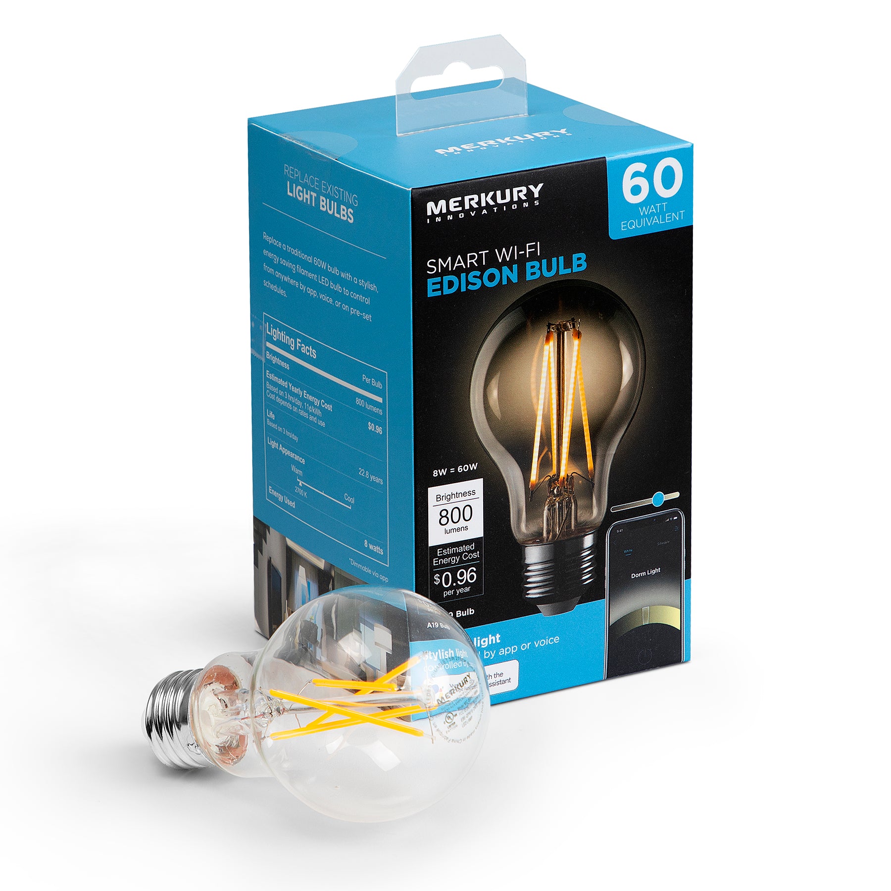 Merkury Innovations A19 Wi-Fi LED Smart Bulb 60W Glass Vintage Edison Style, Requires 2.4GHz Wi-Fi