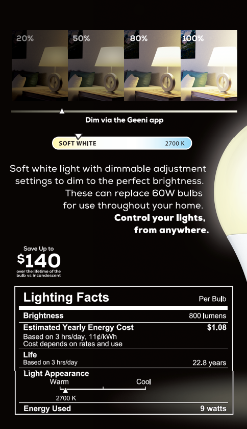 Geeni LUX 800 Warm White A19 E26 Smart LED Bulb
