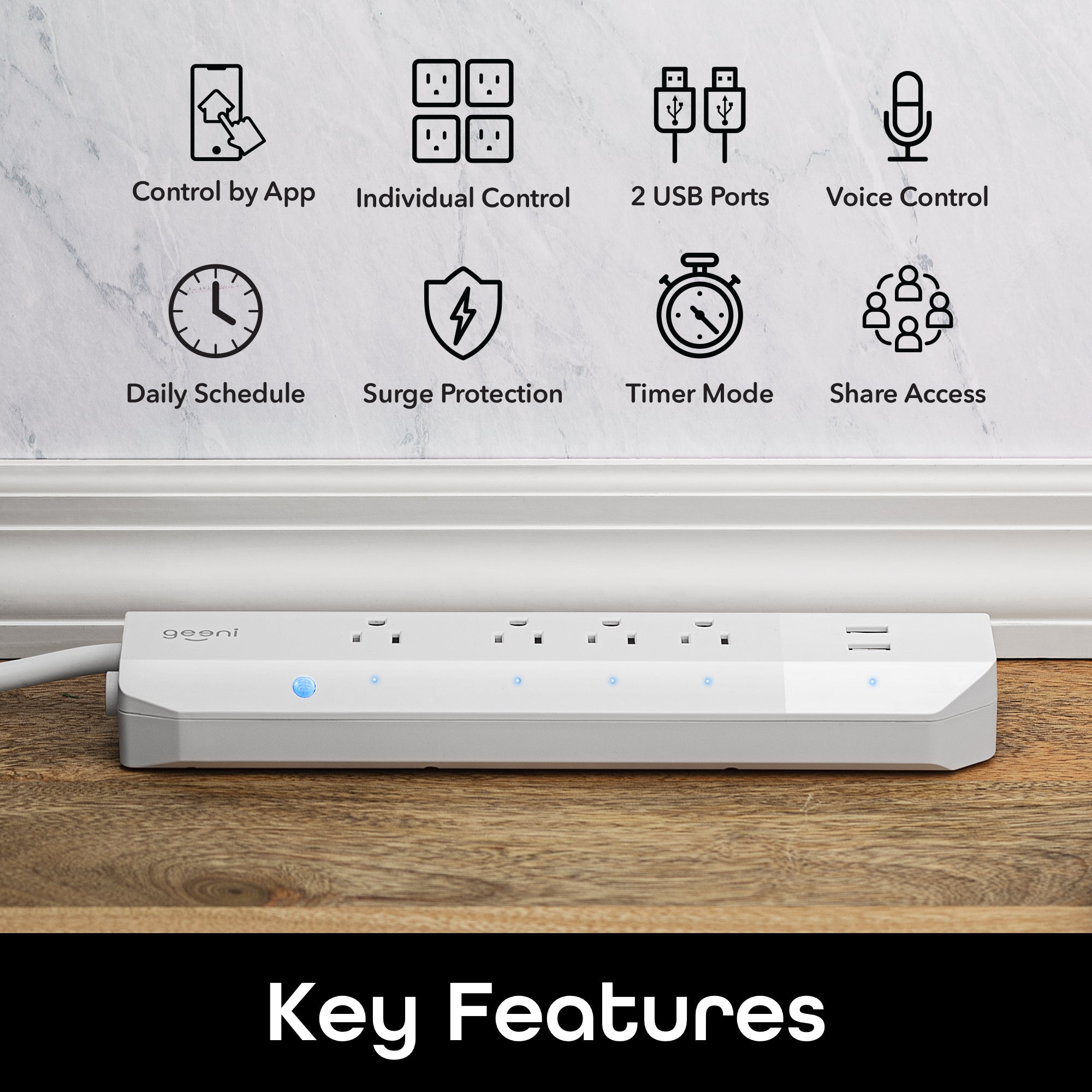 Geeni Surge 4 Outlet, 2 USB Smart Wi-Fi Surge Protector Strip