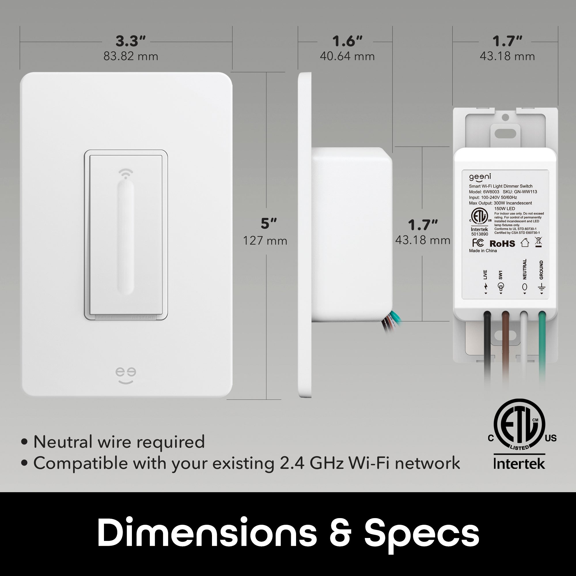 Geeni Tap+Dim Smart Wi-Fi Dimmer Switch - Single Pack