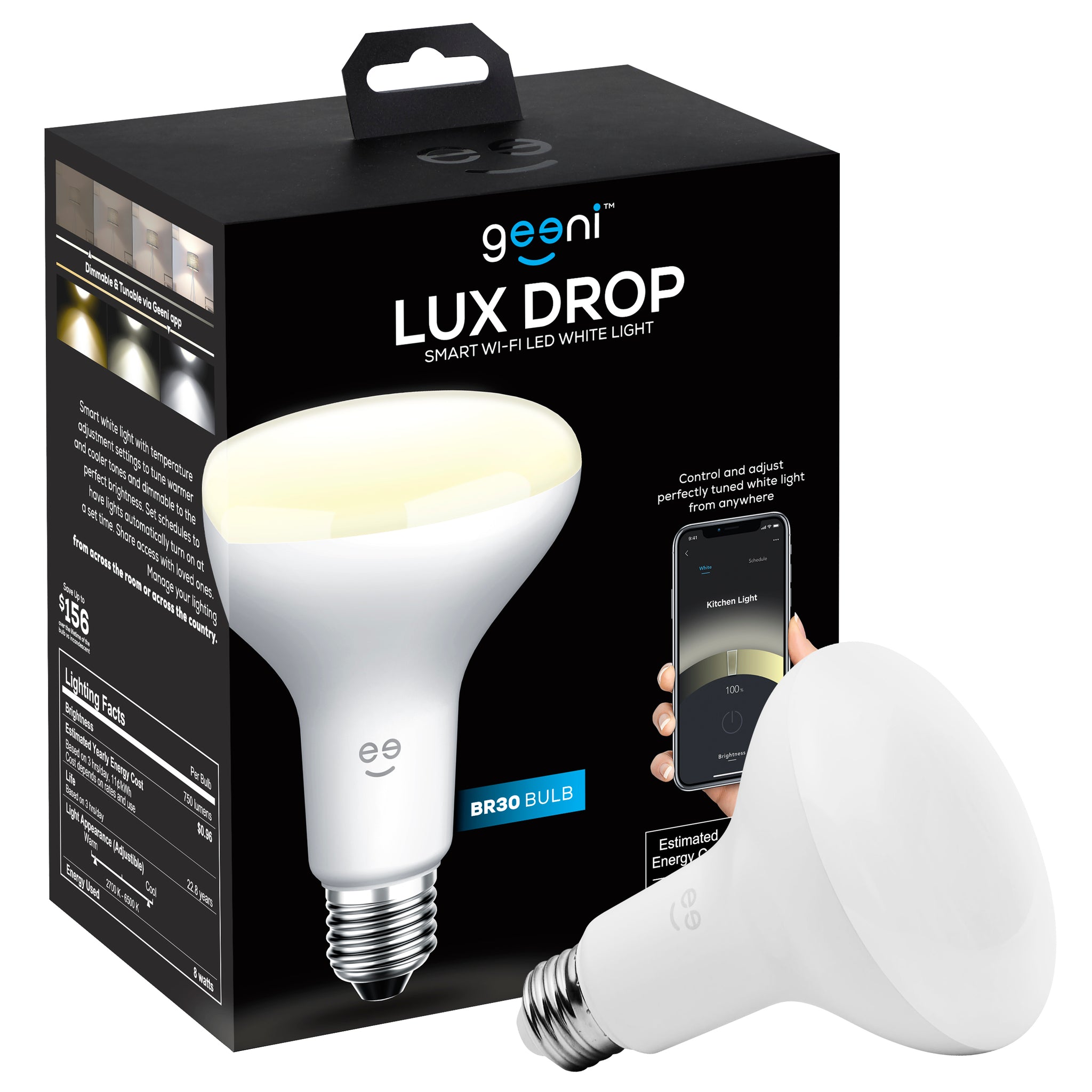 Geeni LUX Drop 65W Equivalent Warm White Dimmable BR30 E26 Smart LED Light Bulb
