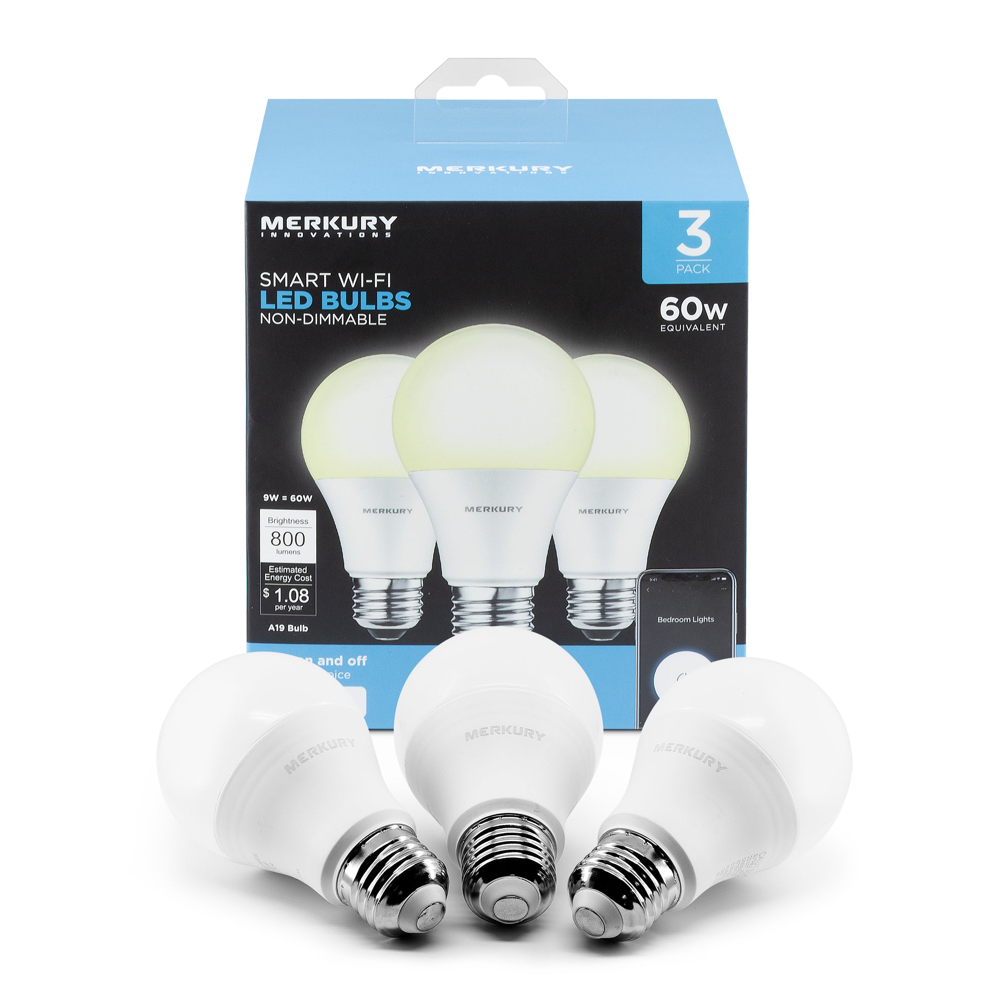 Merkury Innovations A19 Smart White LED Bulb 60W Non-Dimmable 3-Pack