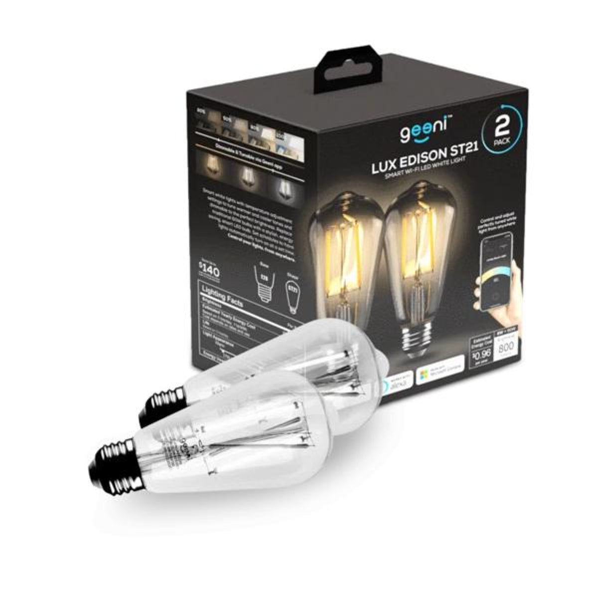 Geeni LUX Edison 60W Equivalent White Dimmable Tunable ST21 E26 Smart LED Bulb (2-Pack)