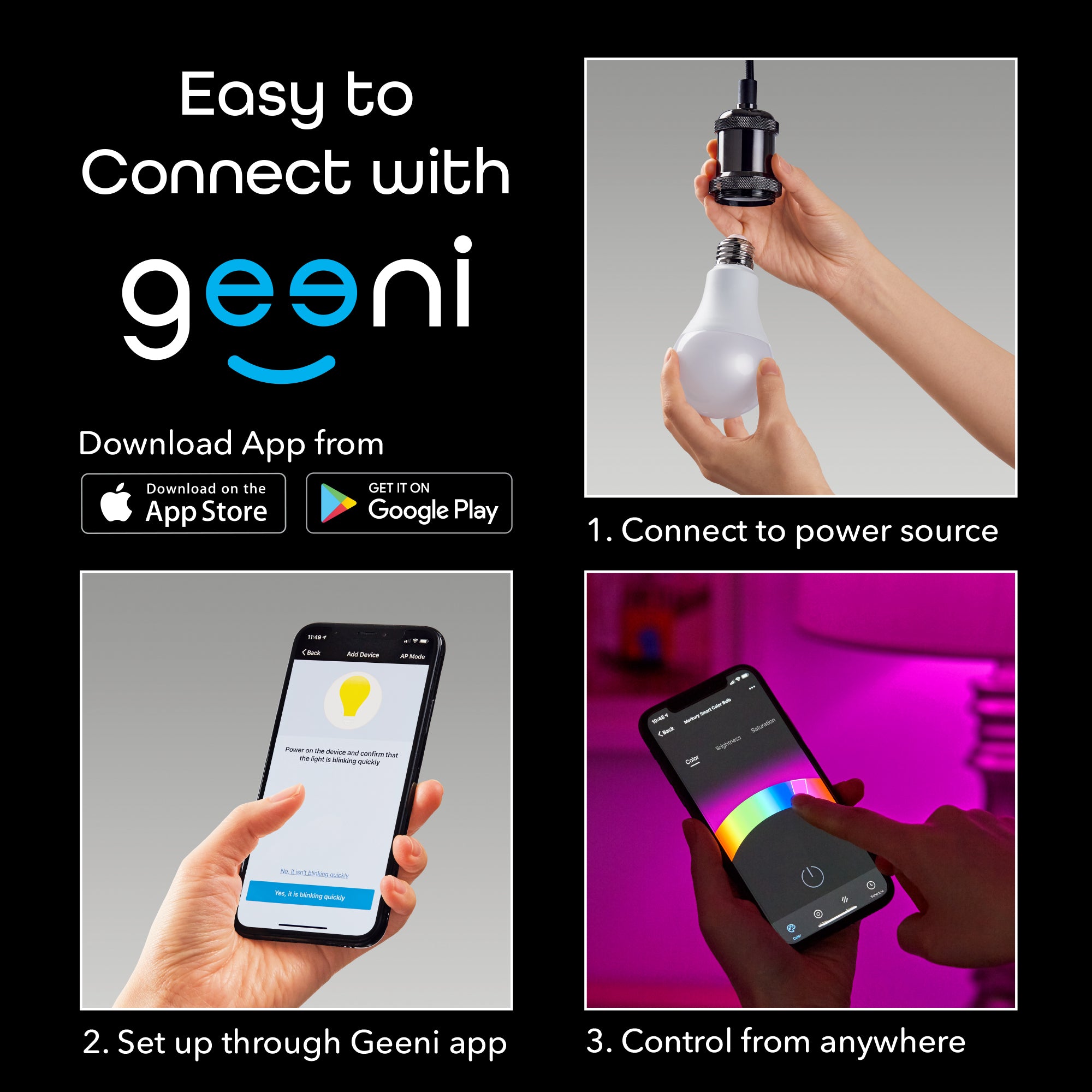 Geeni Prisma Plus 800 Tunable Wi-Fi LED Smart E26 A19 Light Bulb (4-Pack)